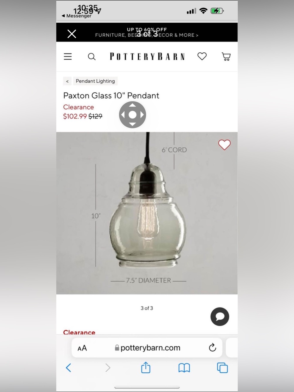 New in Box Pottery Barn Paxton Medium Smoky Glass Pendant Light in Dark Gray